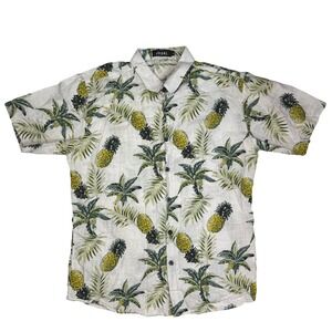 JOGAL Tropical Pineapple Vacation Mens Button Down Shirt White Cotton Blend
